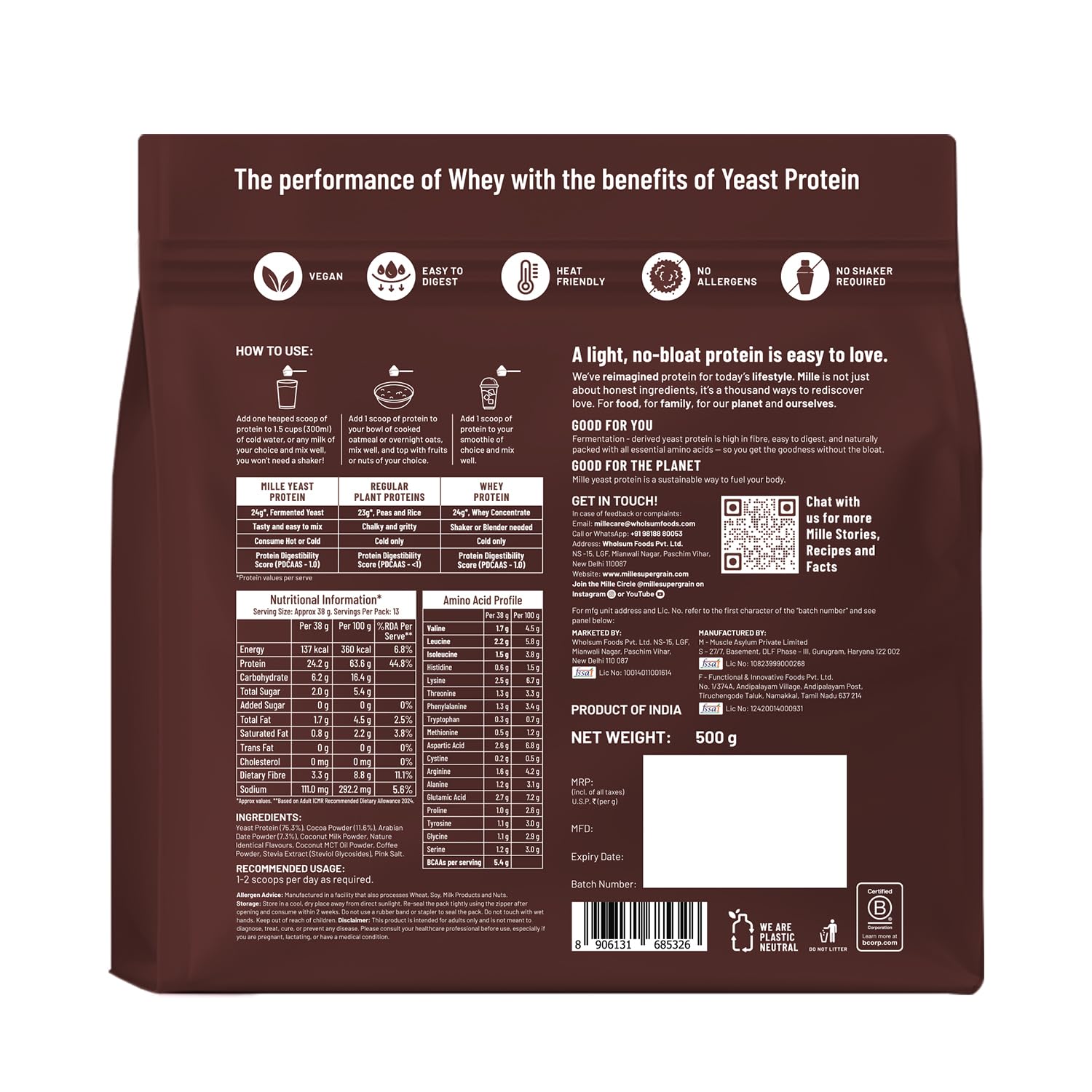 Millé: A Supergrain Co. Dark Chocolate Fermented Yeast Plant Protein Powder, Vegan, Dairy-Free, Soy-Free, Gluten-Free, Monk F