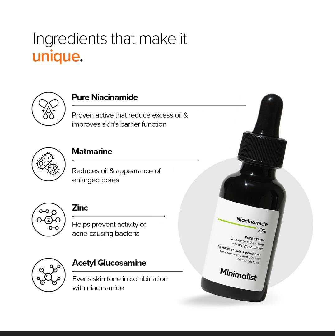 Minimalist 10% Niacinamide Serum with Zinc, Face Serum for Oily & Acne-Prone Skin, Vitamin B3, Fragrance-Free, Non-Comedogeni
