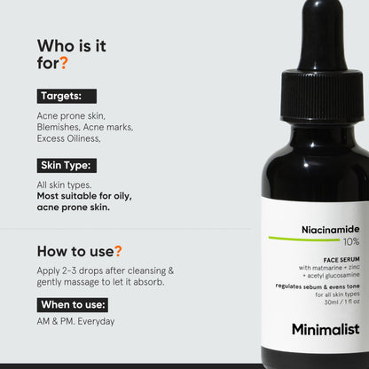 Minimalist 10% Niacinamide Serum with Zinc, Face Serum for Oily & Acne-Prone Skin, Vitamin B3, Fragrance-Free, Non-Comedogeni