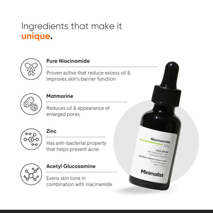 Minimalist 10% Niacinamide Serum with Zinc, Face Serum for Oily & Acne-Prone Skin, Vitamin B3, Fragrance-Free, Non-Comedogeni