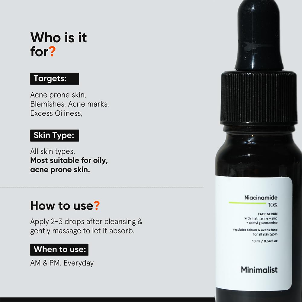Minimalist 10% Niacinamide Serum with Zinc, Face Serum for Oily & Acne-Prone Skin, Vitamin B3, Fragrance-Free, Non-Comedogeni