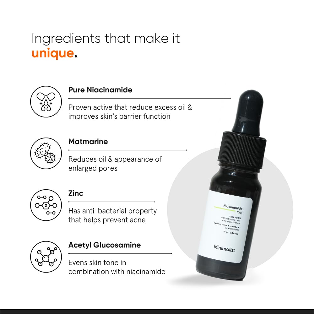 Minimalist 10% Niacinamide Serum with Zinc, Face Serum for Oily & Acne-Prone Skin, Vitamin B3, Fragrance-Free, Non-Comedogeni
