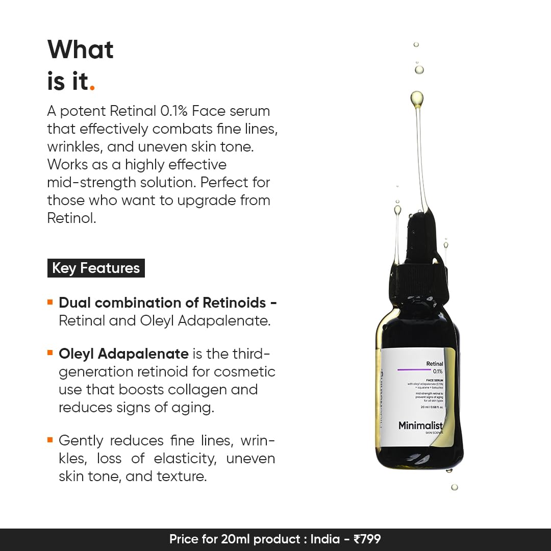 Minimalist Retinal 0.1% Face Serum with Bakuchiol and Squalane, 20 ml, Unisex Skincare Serum - front view