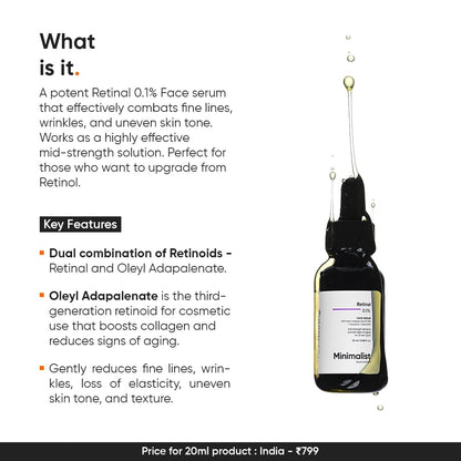 Minimalist Retinal 0.1% Face Serum with Bakuchiol and Squalane, 20 ml, Unisex Skincare Serum - front view