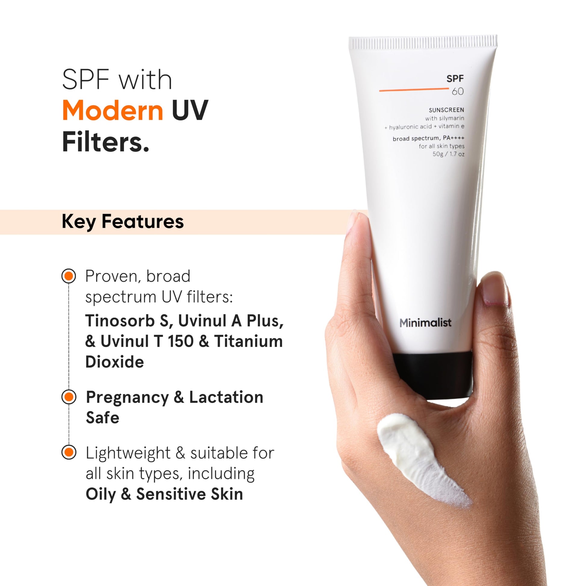 Minimalist Sunscreen SPF 60 PA++++ Broad Spectrum for Sensitive Skin, 50g, No White Cast - front view