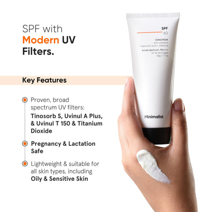 Minimalist Sunscreen SPF 60 PA++++ Broad Spectrum for Sensitive Skin, 50g, No White Cast - front view