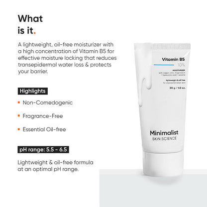 Minimalist Vitamin B5 10% Oil-Free Gel Moisturizer, Lightweight Face Moisturizer for Oily & Combination Skin - front view