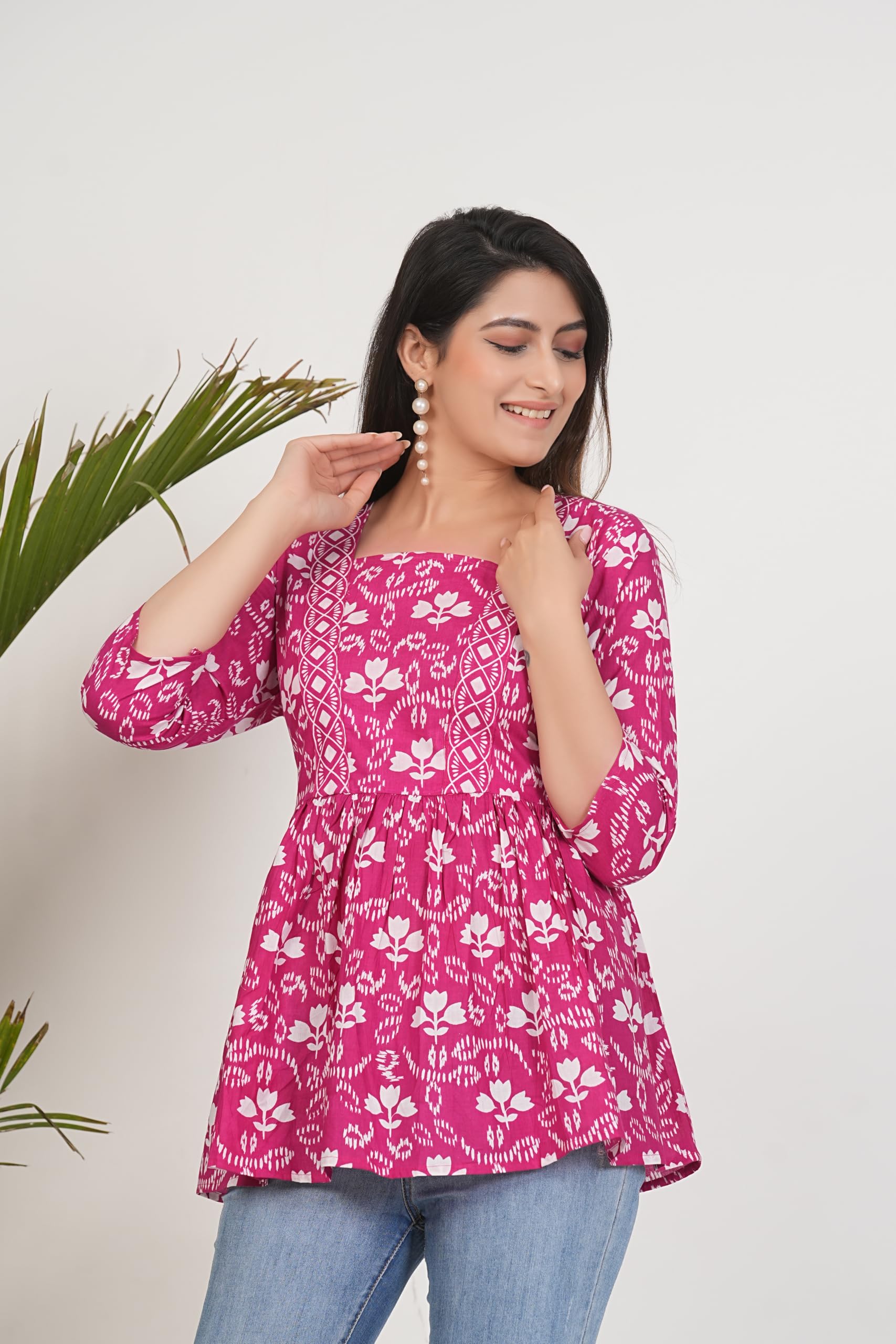 Monique Women's 100% Cotton Floral Print Short Kurti Round Neck 3/4 Sleeves Tunic - back view (11)