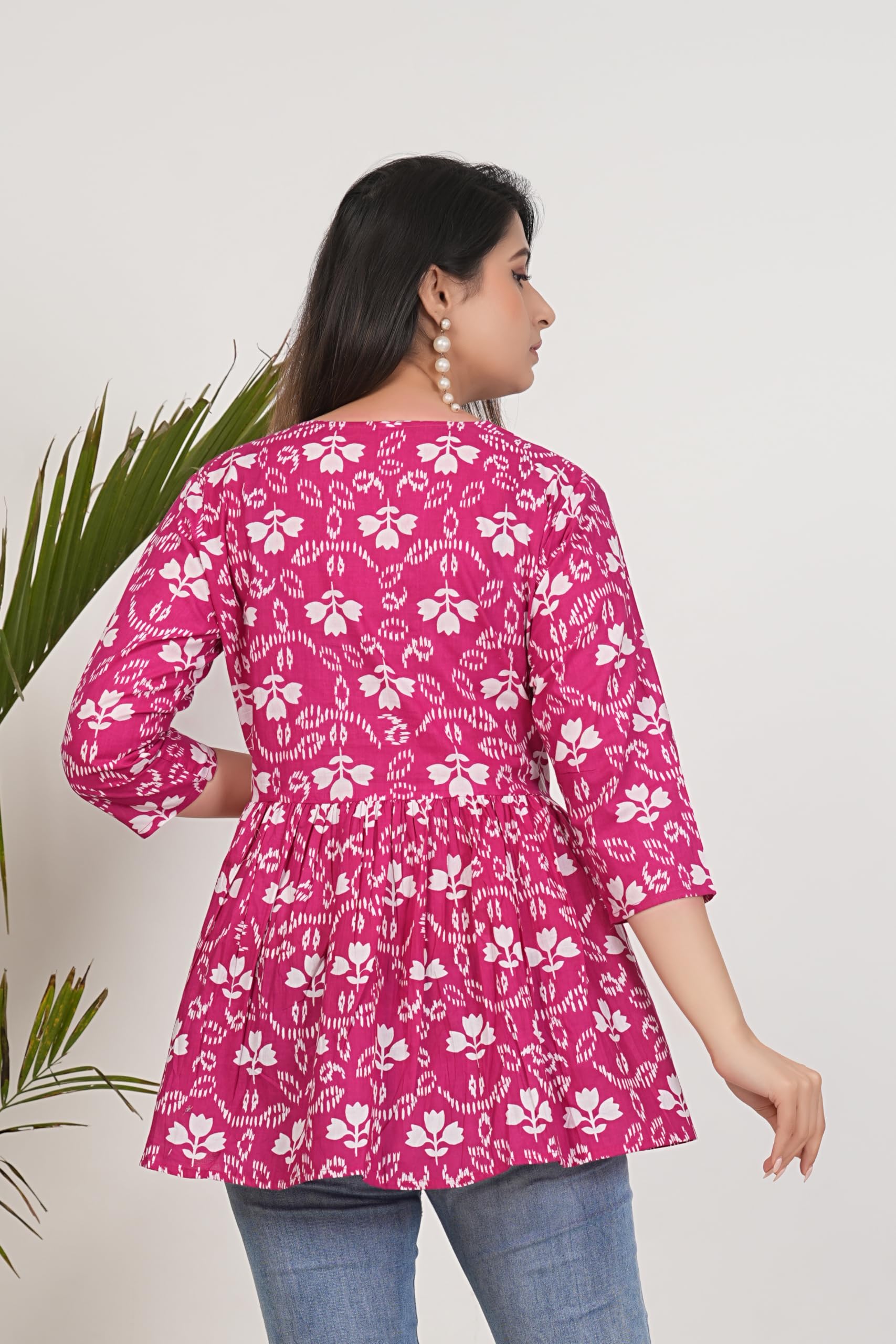 Monique Women's 100% Cotton Floral Print Short Kurti Round Neck 3/4 Sleeves Tunic - packaging (12)