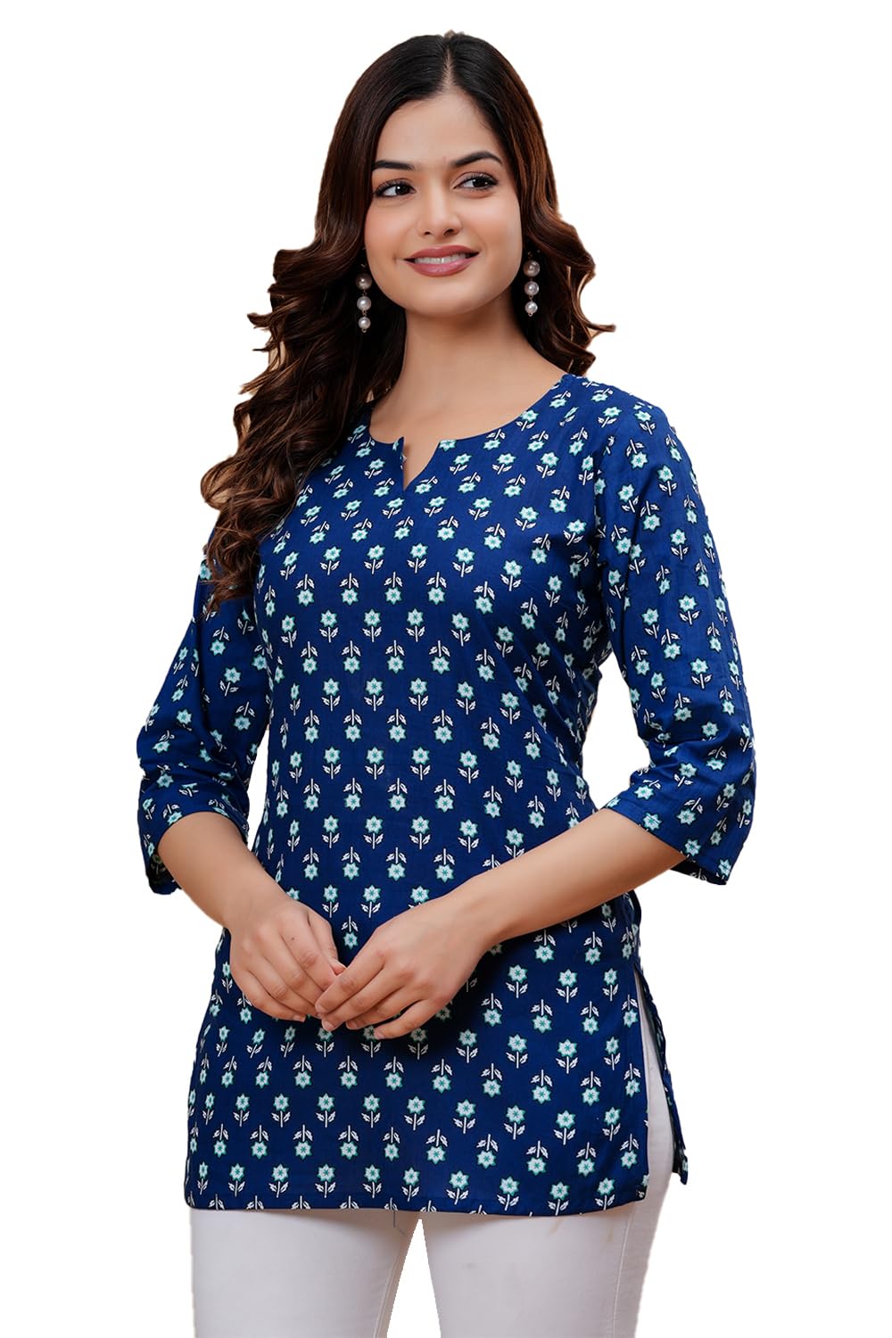Monique Women's 100% Cotton Floral Print Short Kurti Round Neck 3/4 Sleeves Tunic (15)