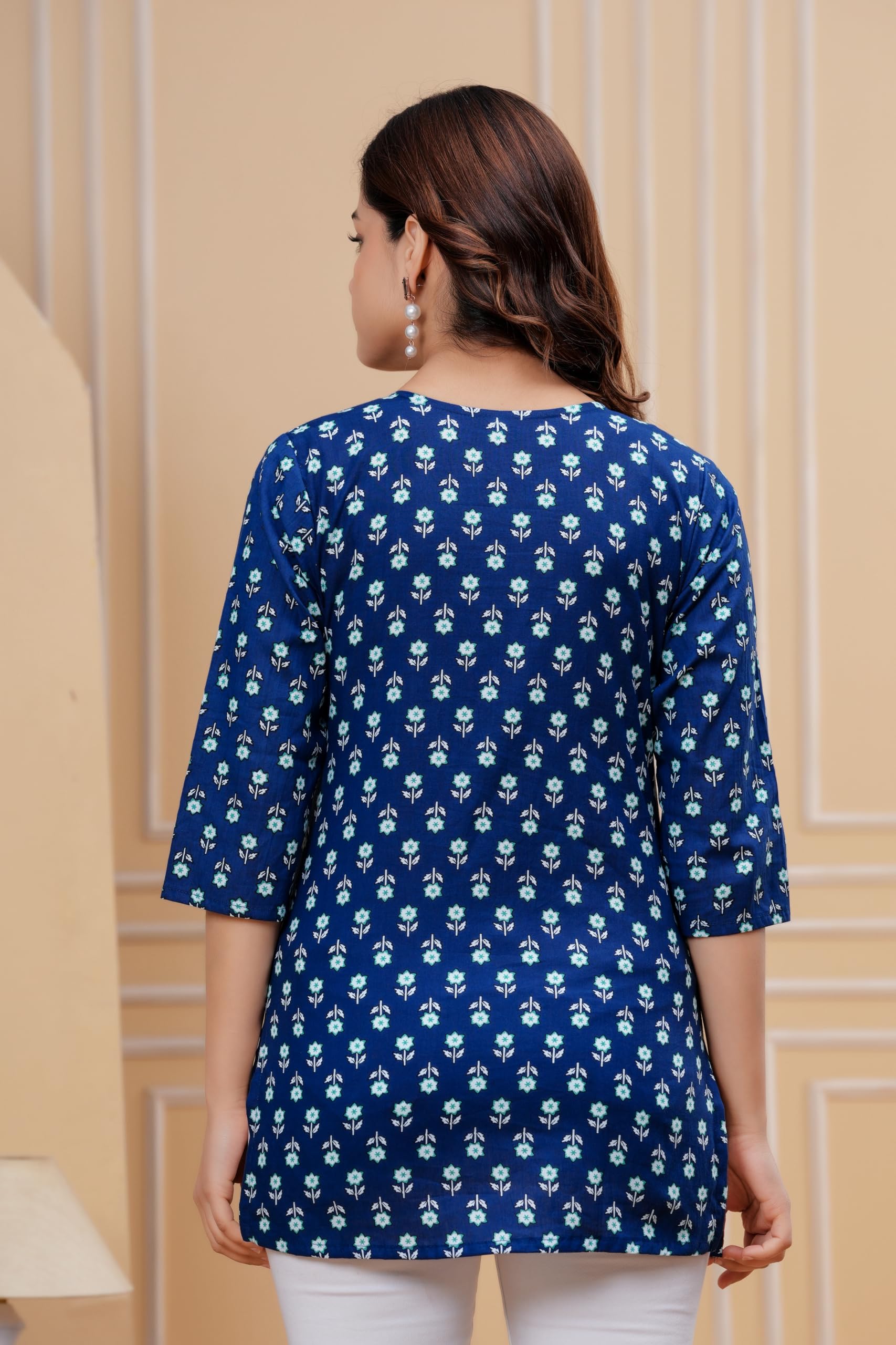 Monique Women's 100% Cotton Floral Print Short Kurti Round Neck 3/4 Sleeves Tunic - label detail (19)
