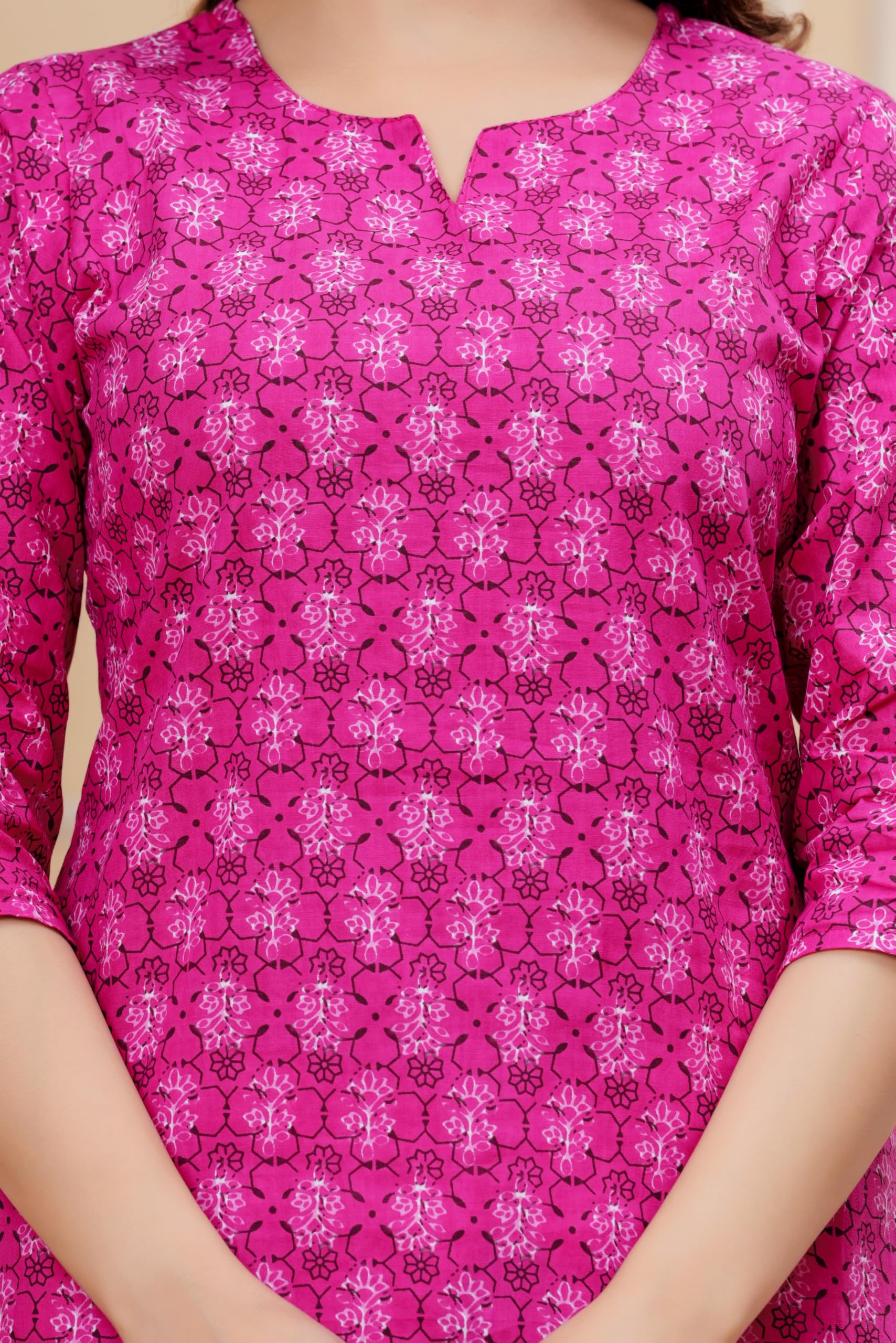 Monique Women's 100% Cotton Floral Print Short Kurti Round Neck 3/4 Sleeves Tunic - front view (22)