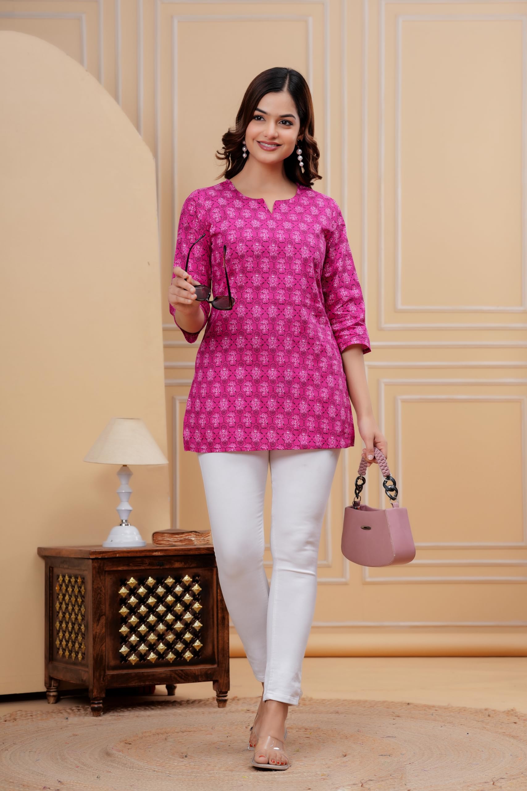 Monique Women's 100% Cotton Floral Print Short Kurti Round Neck 3/4 Sleeves Tunic - back view (23)