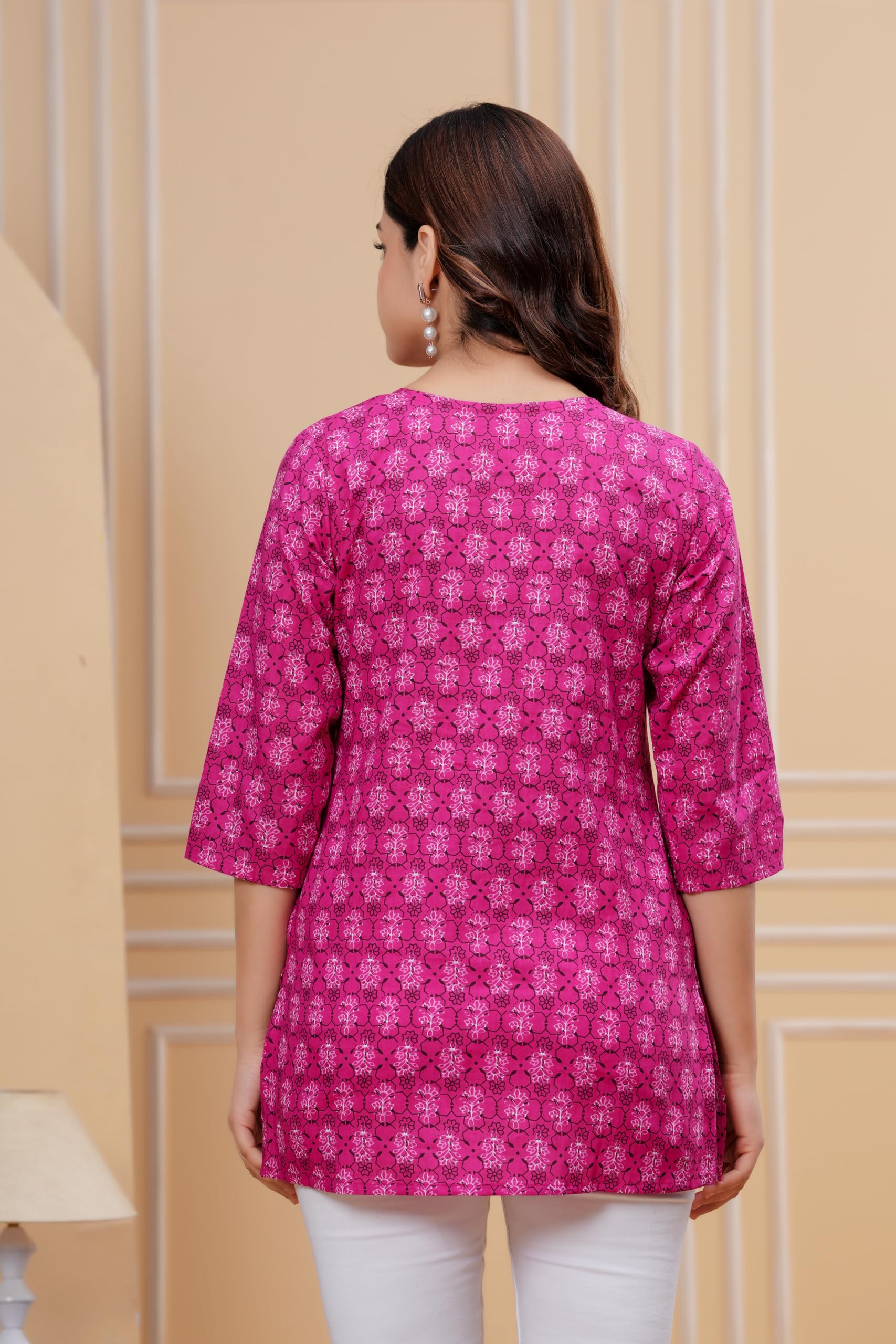 Monique Women's 100% Cotton Floral Print Short Kurti Round Neck 3/4 Sleeves Tunic - packaging (24)