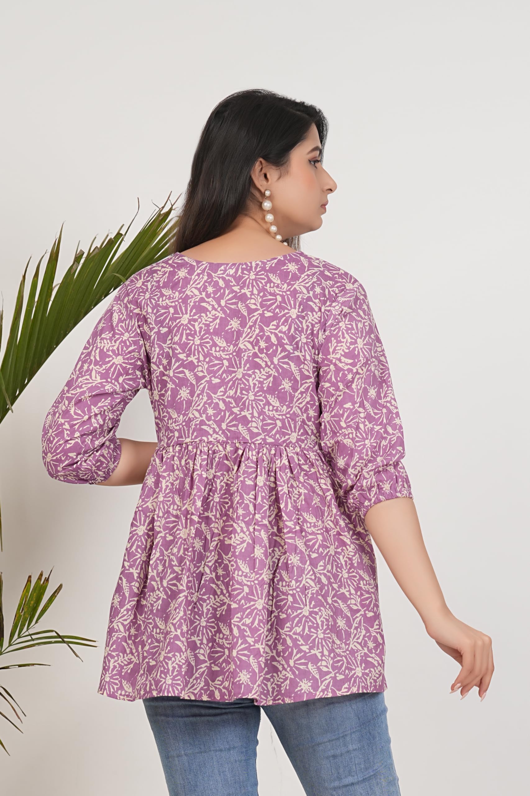 Monique Women's 100% Cotton Floral Print Short Kurti Round Neck 3/4 Sleeves Tunic - back view (29)