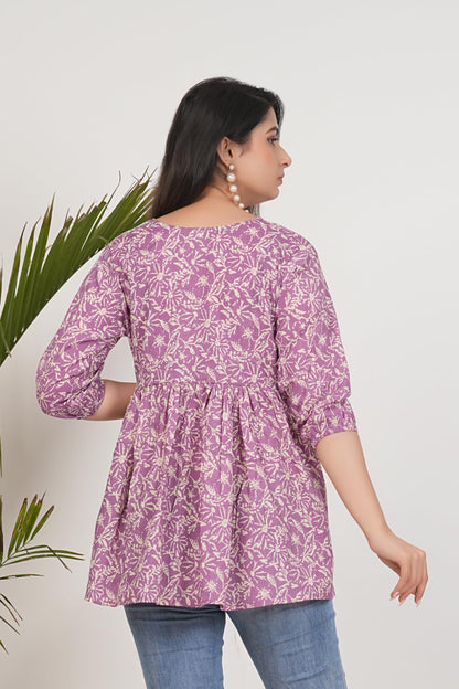 Monique Women's 100% Cotton Floral Print Short Kurti Round Neck 3/4 Sleeves Tunic - back view (29)