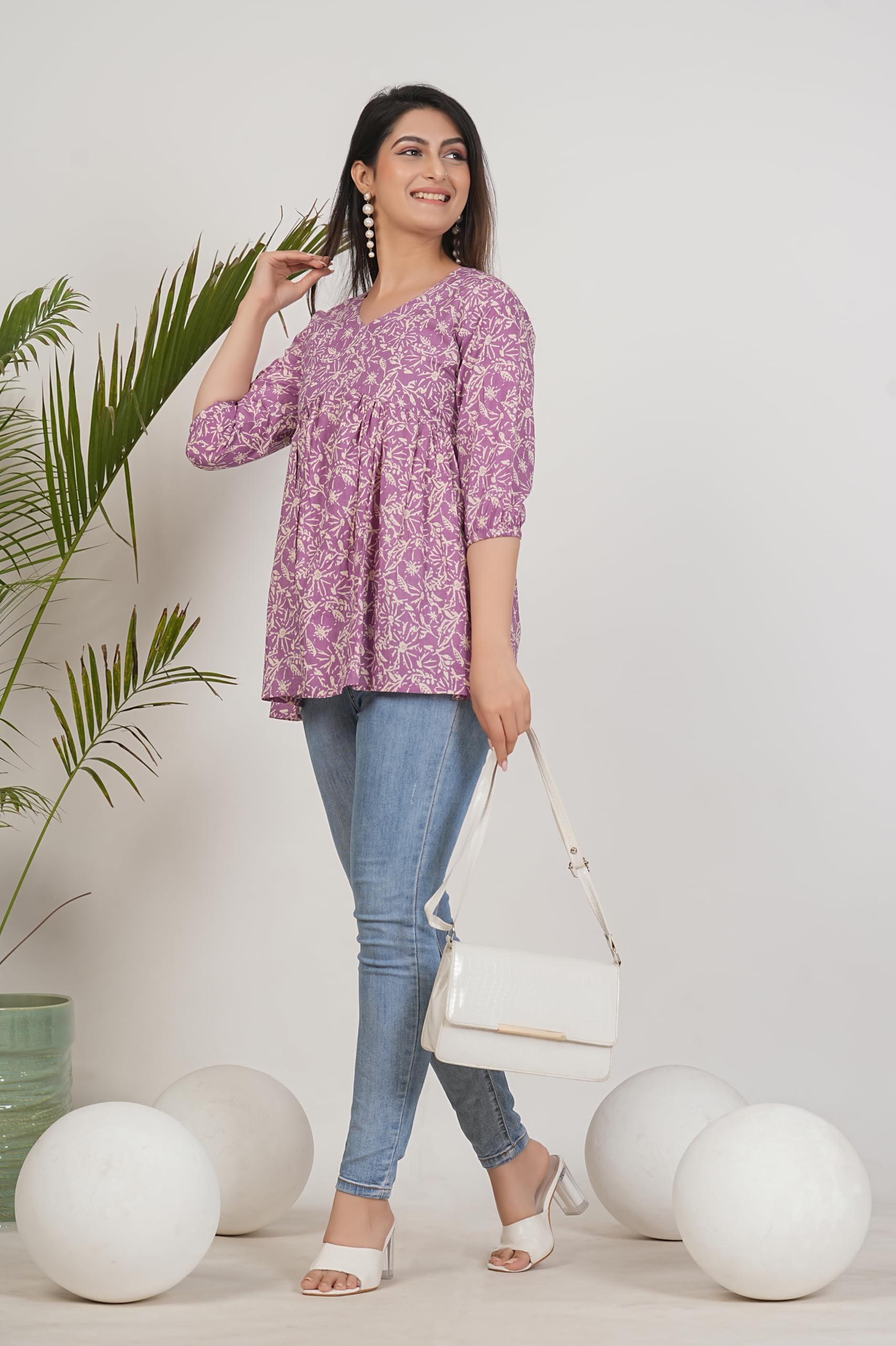 Monique Women's 100% Cotton Floral Print Short Kurti Round Neck 3/4 Sleeves Tunic - label detail (31)