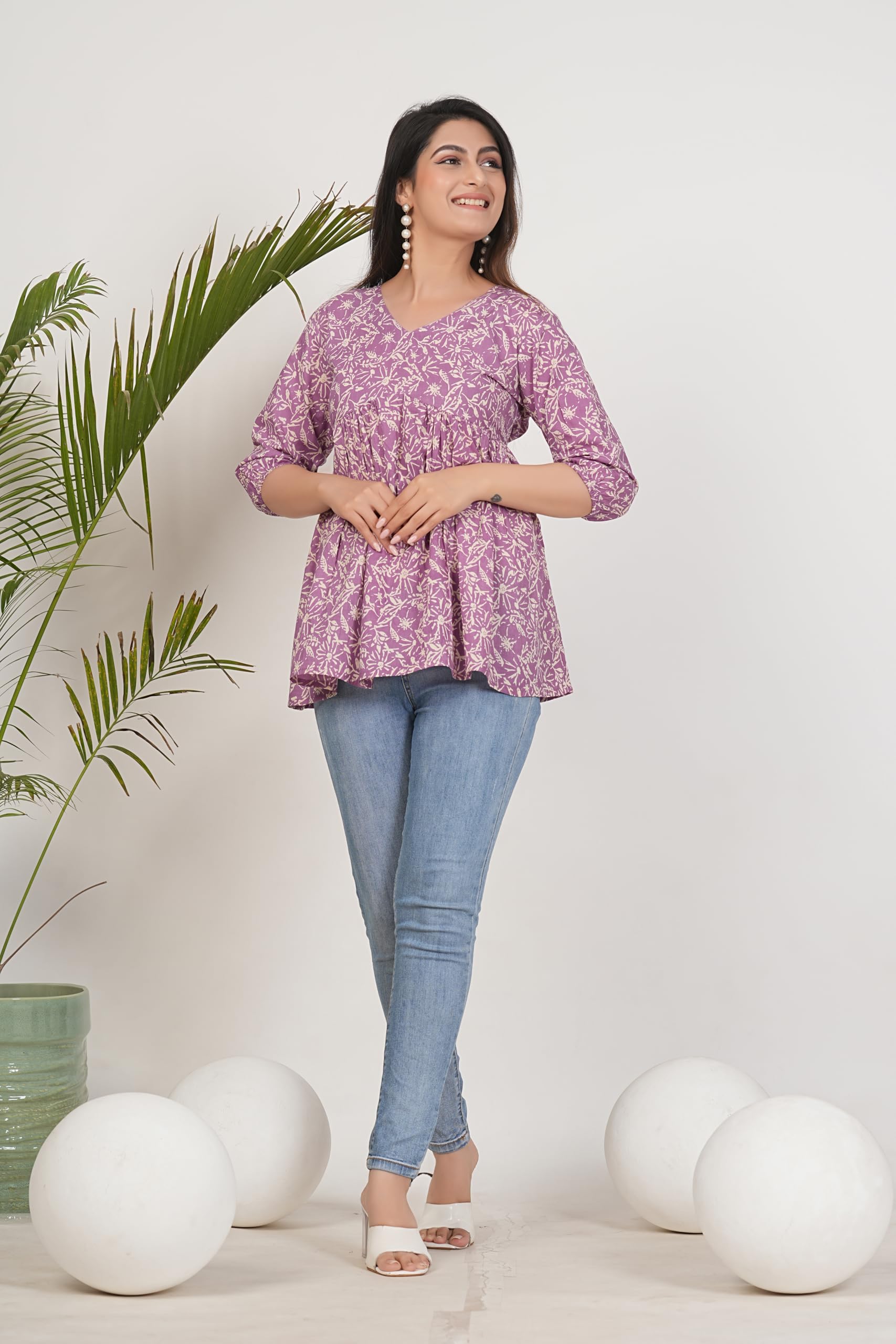 Monique Women's 100% Cotton Floral Print Short Kurti Round Neck 3/4 Sleeves Tunic - ingredients panel (32)