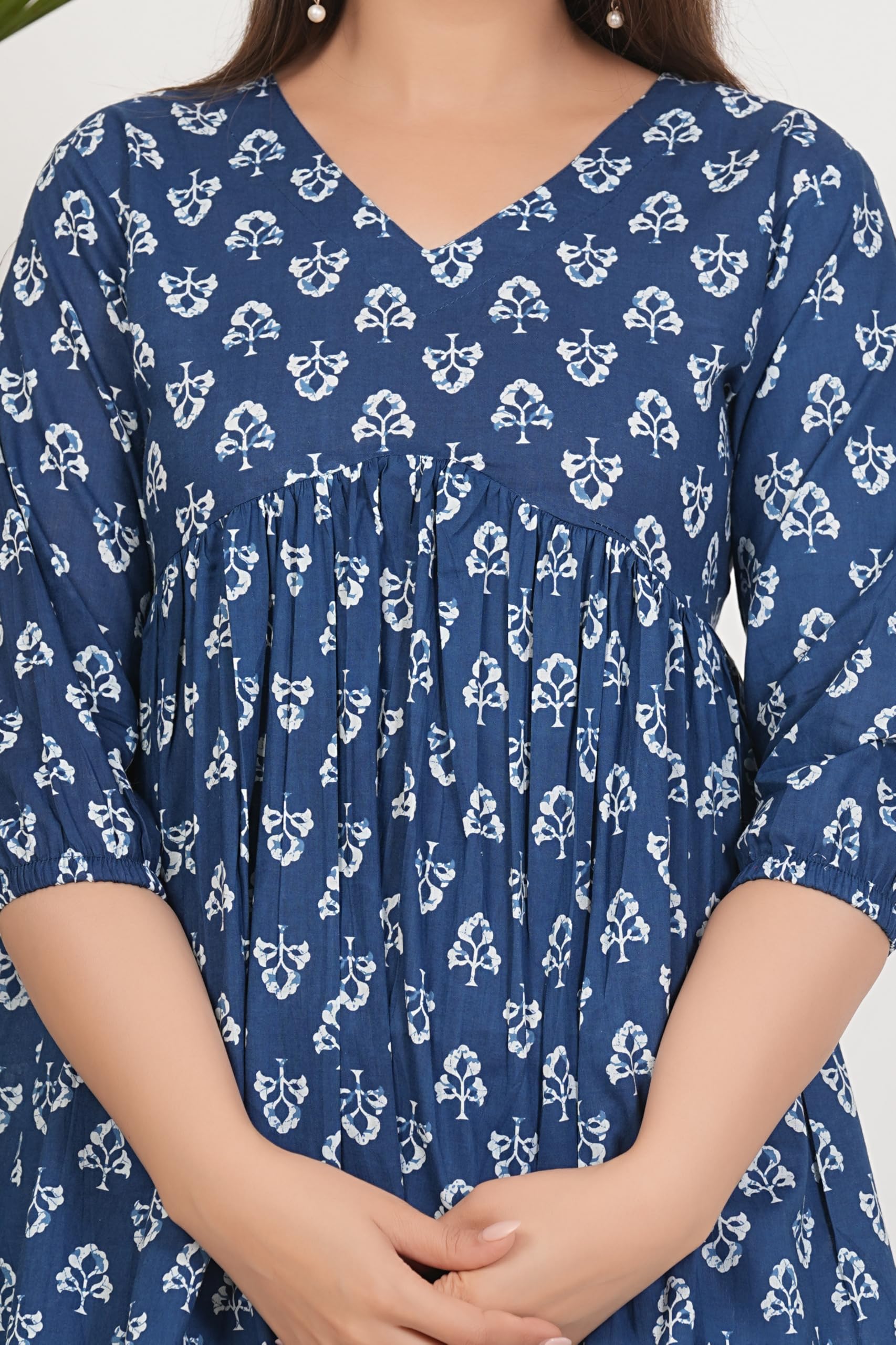 Monique Women's 100% Cotton Floral Print Short Kurti Round Neck 3/4 Sleeves Tunic - front view (34)