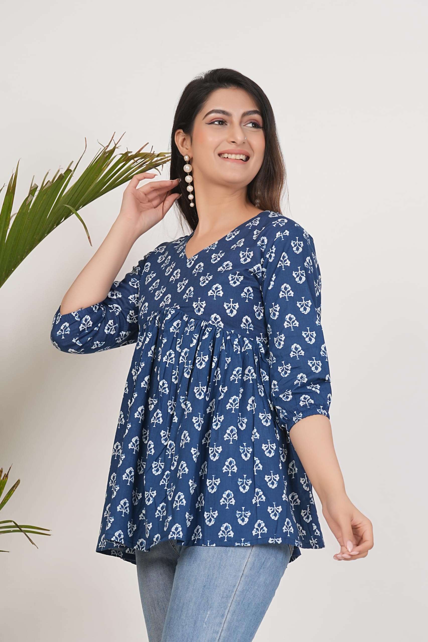 Monique Women's 100% Cotton Floral Print Short Kurti Round Neck 3/4 Sleeves Tunic - back view (35)