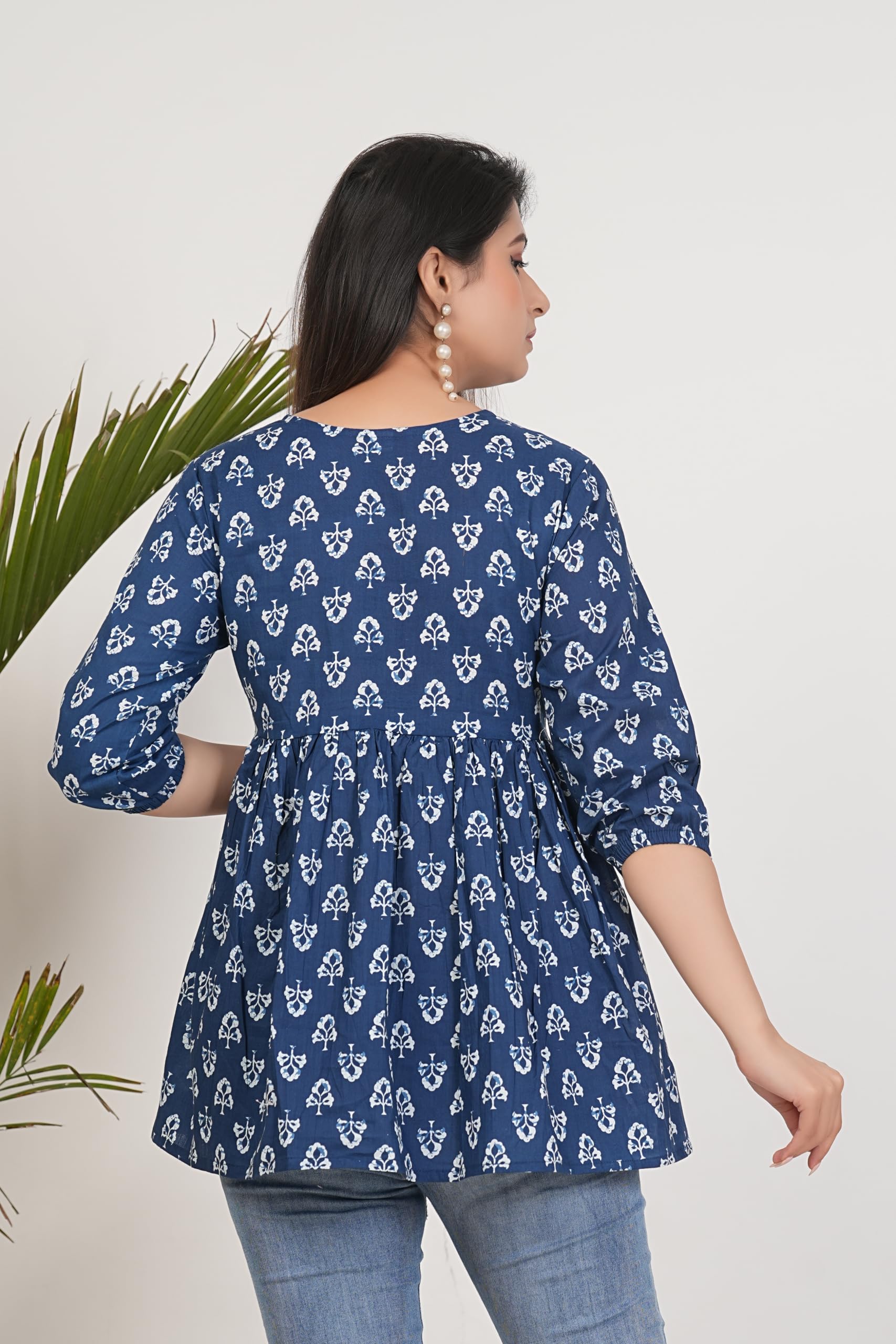 Monique Women's 100% Cotton Floral Print Short Kurti Round Neck 3/4 Sleeves Tunic - packaging (36)