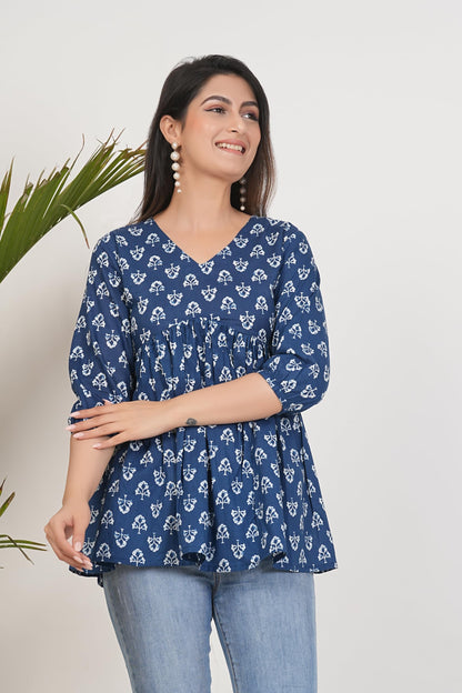 Monique Women's 100% Cotton Floral Print Short Kurti Round Neck 3/4 Sleeves Tunic - label detail (37)