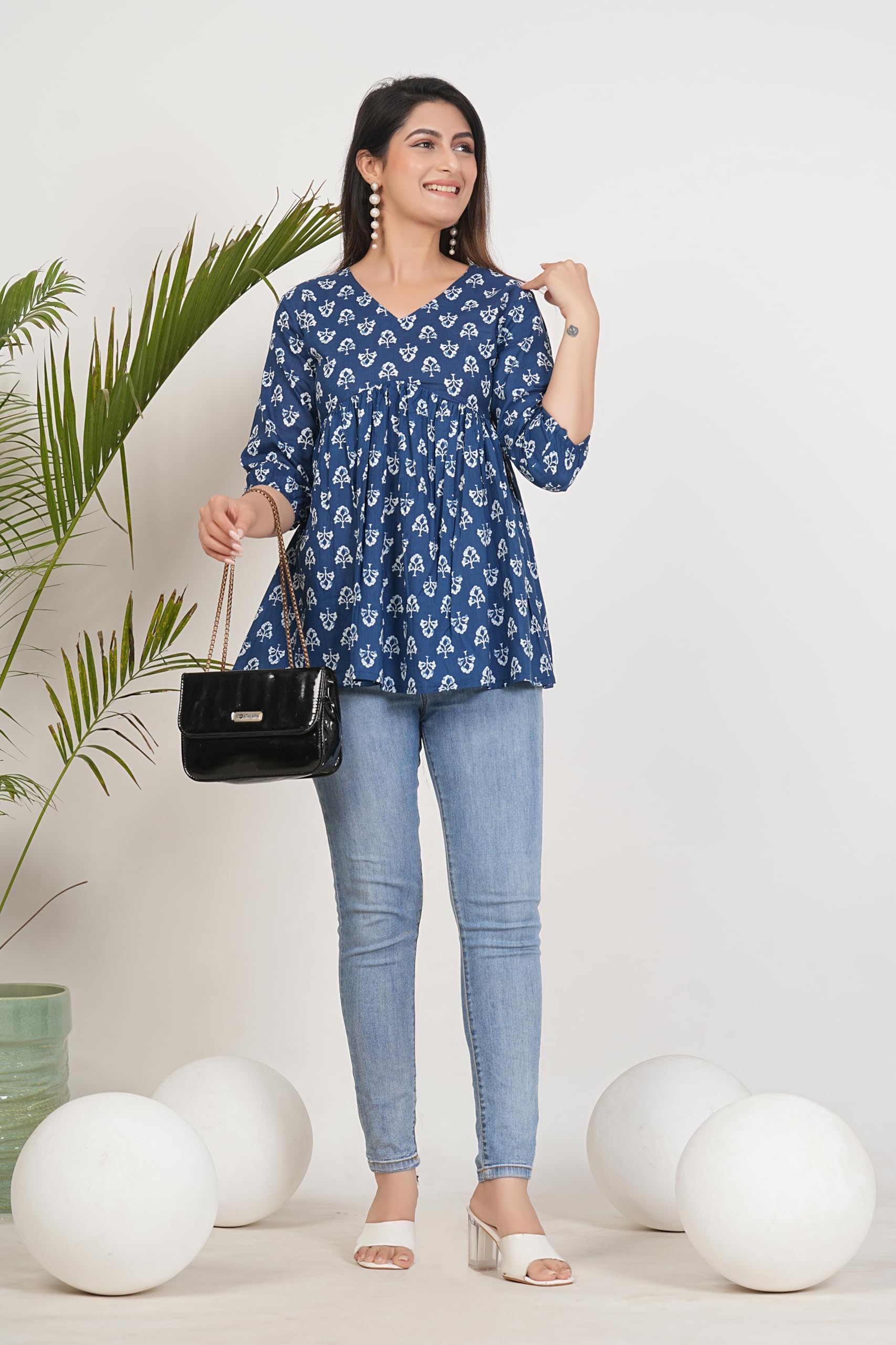 Monique Women's 100% Cotton Floral Print Short Kurti Round Neck 3/4 Sleeves Tunic - ingredients panel (38)