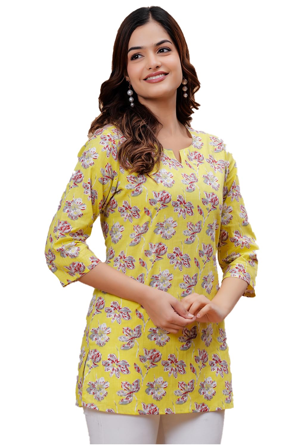 Monique Women's 100% Cotton Floral Print Short Kurti Round Neck 3/4 Sleeves Tunic (39)