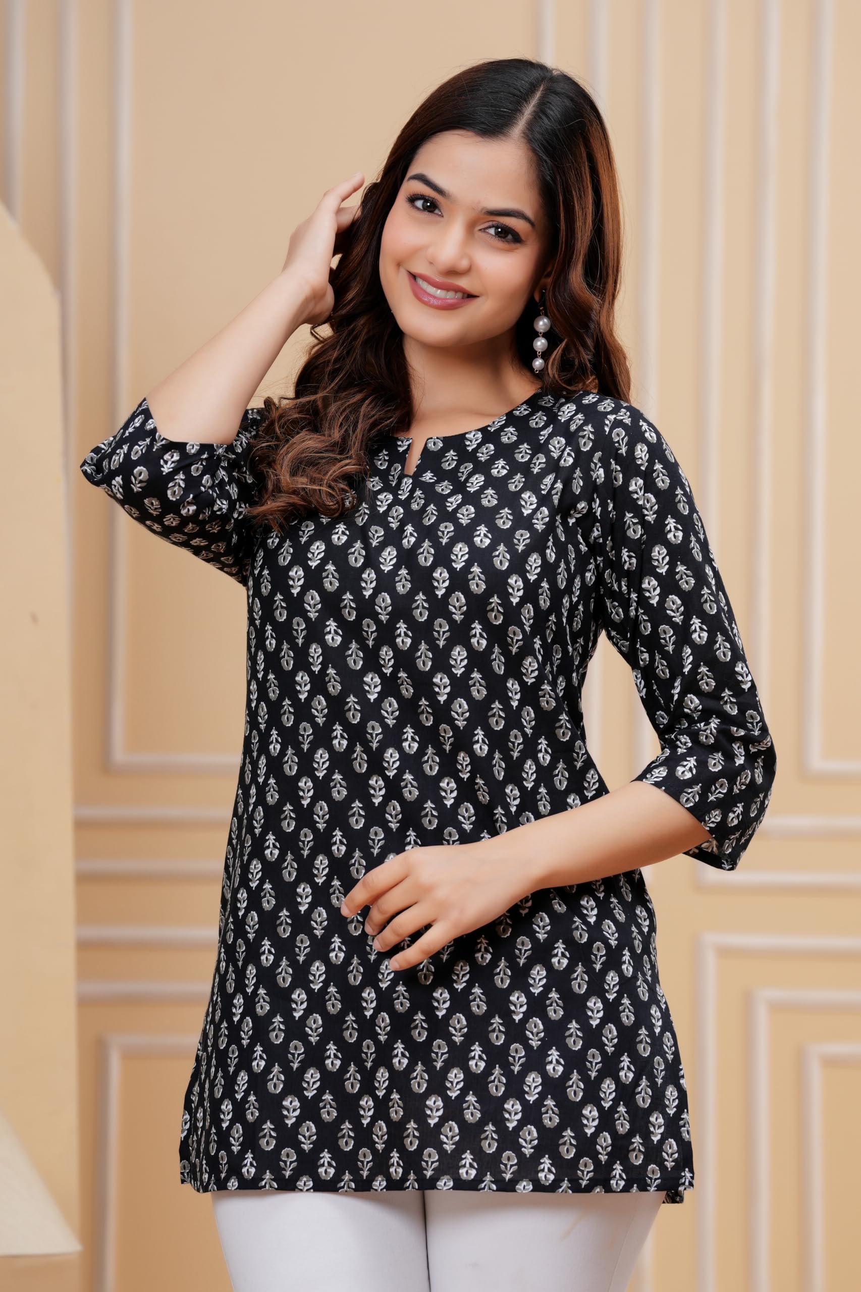 Monique Women's 100% Cotton Floral Print Short Kurti Round Neck 3/4 Sleeves Tunic - back view