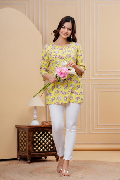 Monique Women's 100% Cotton Floral Print Short Kurti Round Neck 3/4 Sleeves Tunic - back view (41)