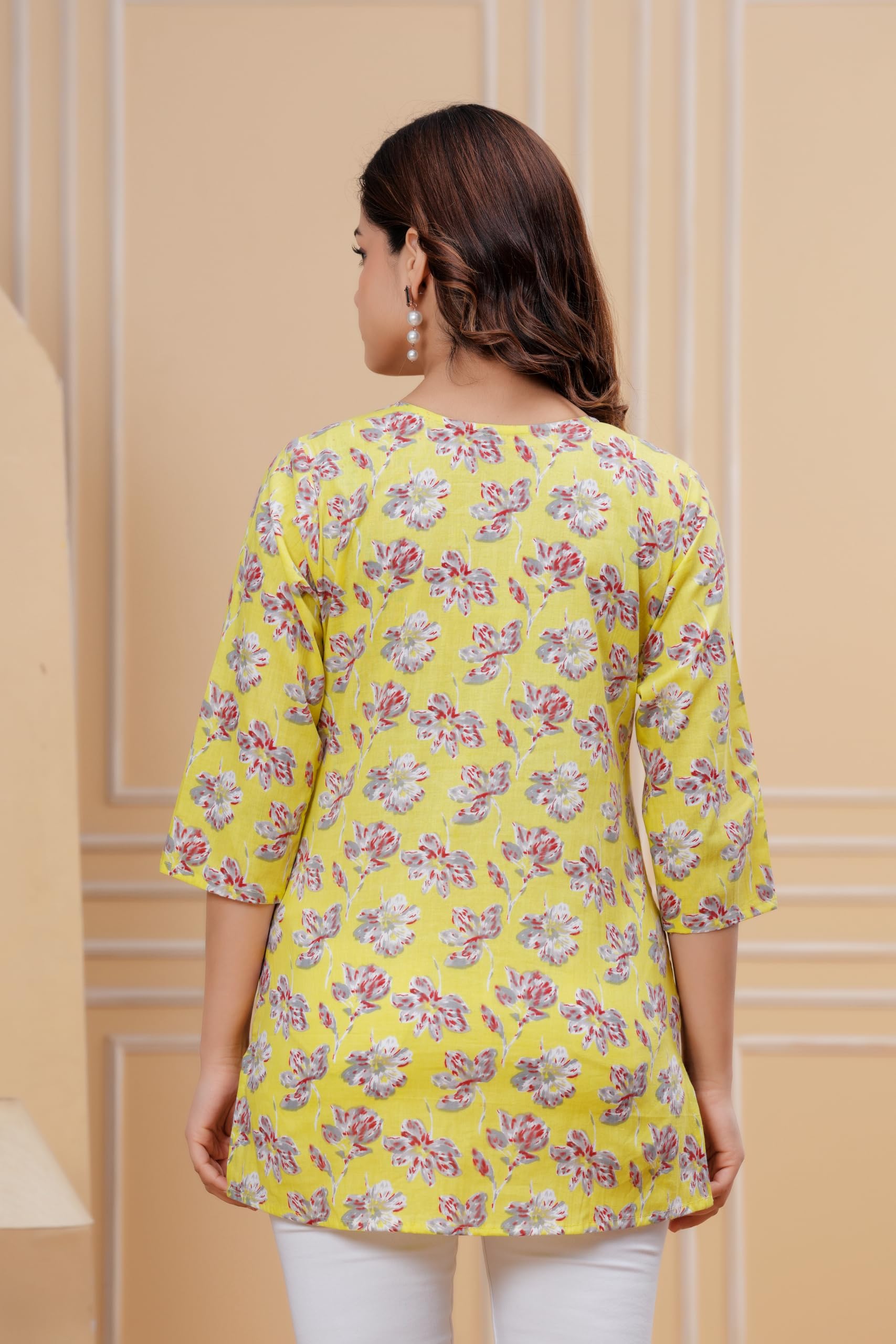 Monique Women's 100% Cotton Floral Print Short Kurti Round Neck 3/4 Sleeves Tunic - label detail (43)