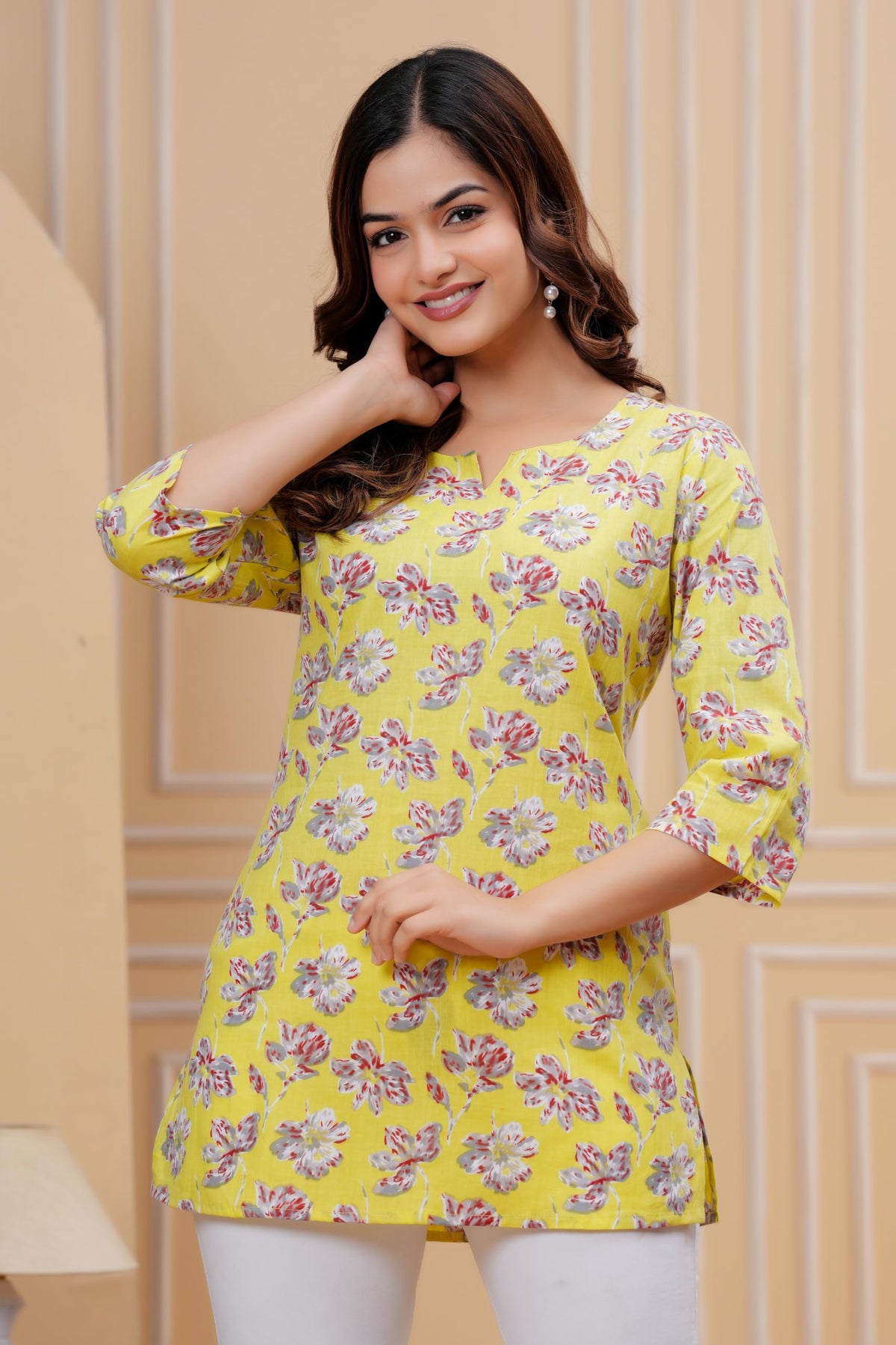 Monique Women's 100% Cotton Floral Print Short Kurti Round Neck 3/4 Sleeves Tunic - ingredients panel (44)