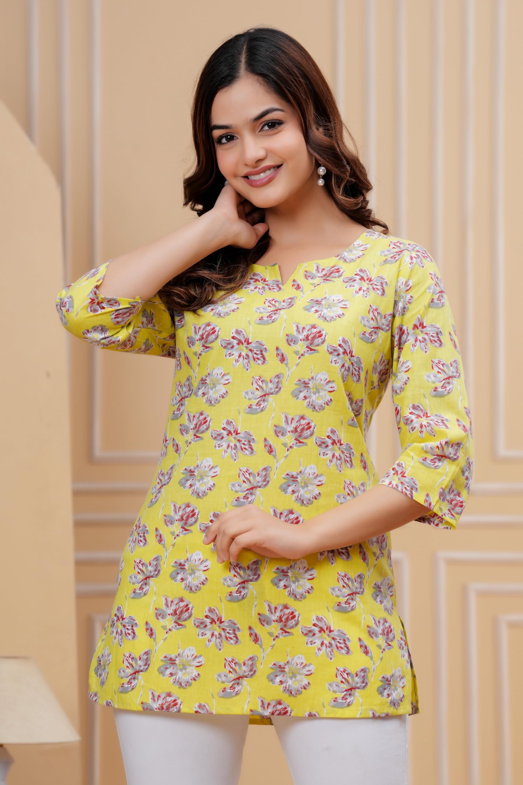 Monique Women's 100% Cotton Floral Print Short Kurti Round Neck 3/4 Sleeves Tunic - ingredients panel (44)