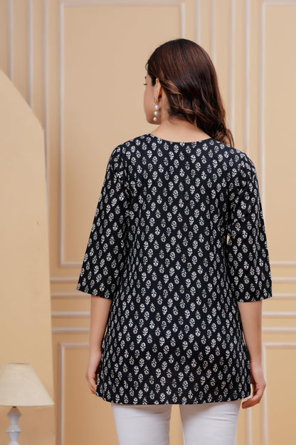 Monique Women's 100% Cotton Floral Print Short Kurti Round Neck 3/4 Sleeves Tunic - packaging