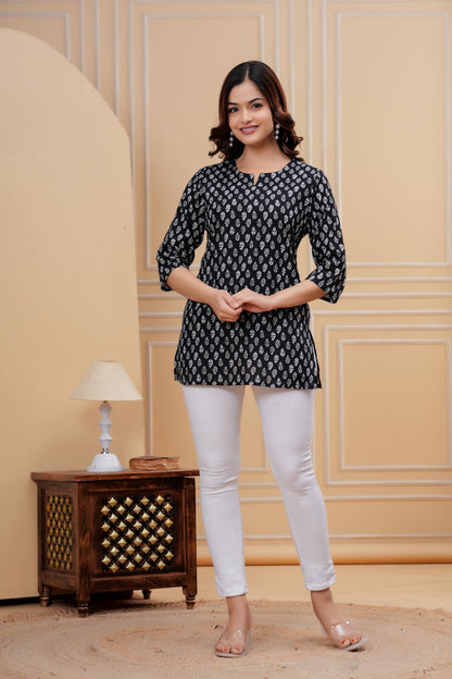Monique Women's 100% Cotton Floral Print Short Kurti Round Neck 3/4 Sleeves Tunic - ingredients panel