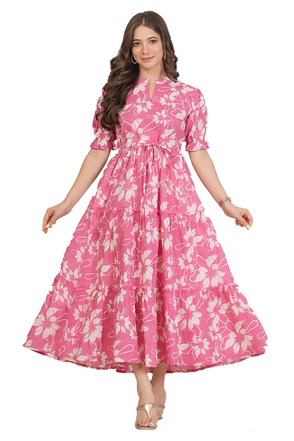 Monique Women's Anarkali Cotton Kurta, Floral Print, Round Neck, Elbow Sleeves, 44 Inch Length