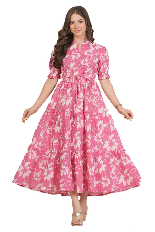 Monique Women's Anarkali Cotton Kurta, Floral Print, Round Neck, Elbow Sleeves, 44 Inch Length