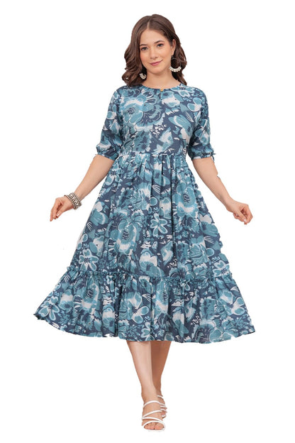 Monique Women's Anarkali Cotton Kurta, Floral Print, Round Neck, Elbow Sleeves, 44 Inch Length (14)