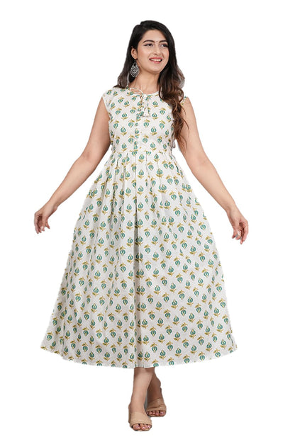 Monique Women's Anarkali Cotton Kurta, Floral Print, Round Neck, Elbow Sleeves, 44 Inch Length (24)