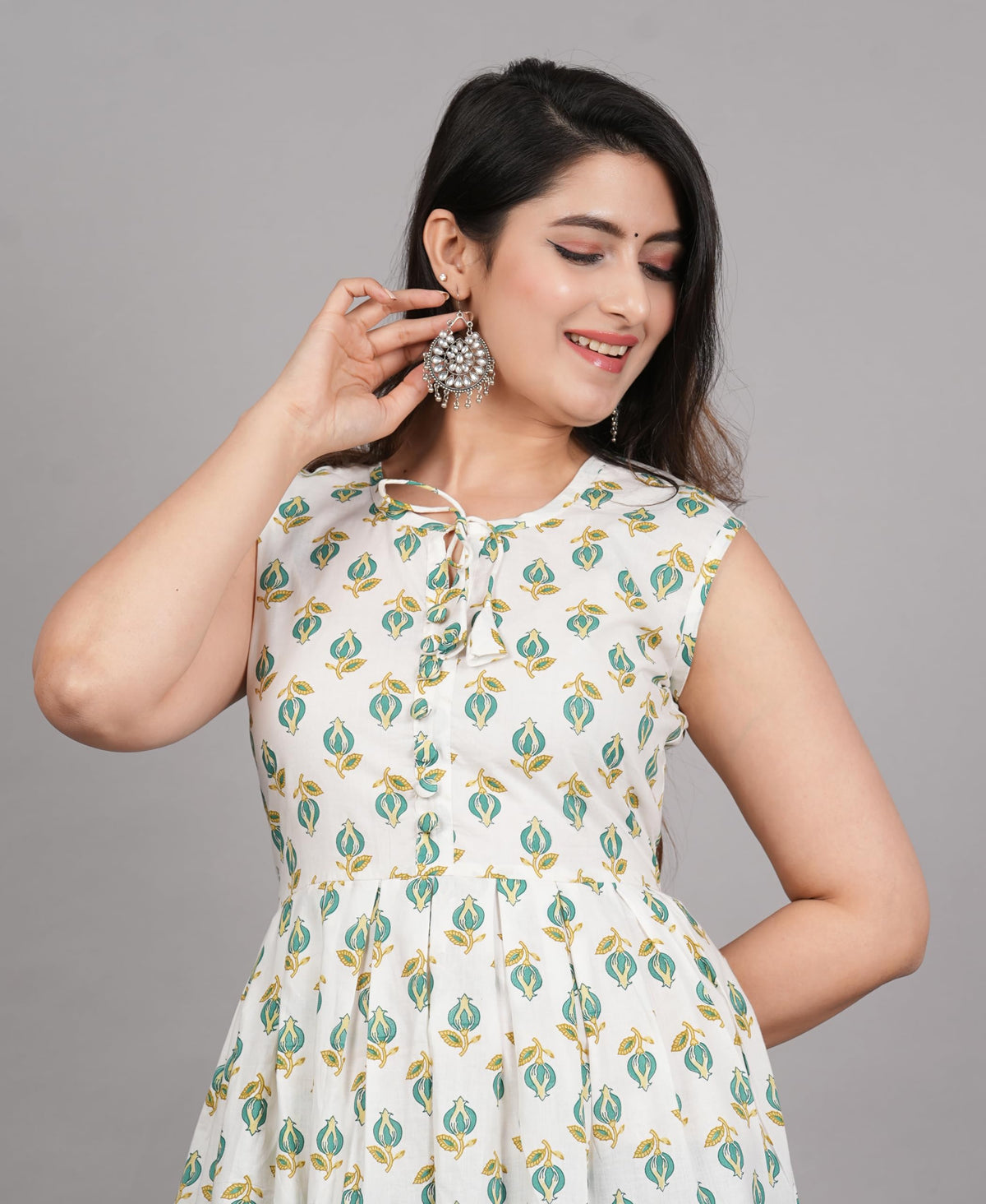 Monique Women's Anarkali Cotton Kurta, Floral Print, Round Neck, Elbow Sleeves, 44 Inch Length - front view (25)