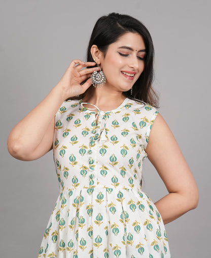 Monique Women's Anarkali Cotton Kurta, Floral Print, Round Neck, Elbow Sleeves, 44 Inch Length - front view (25)