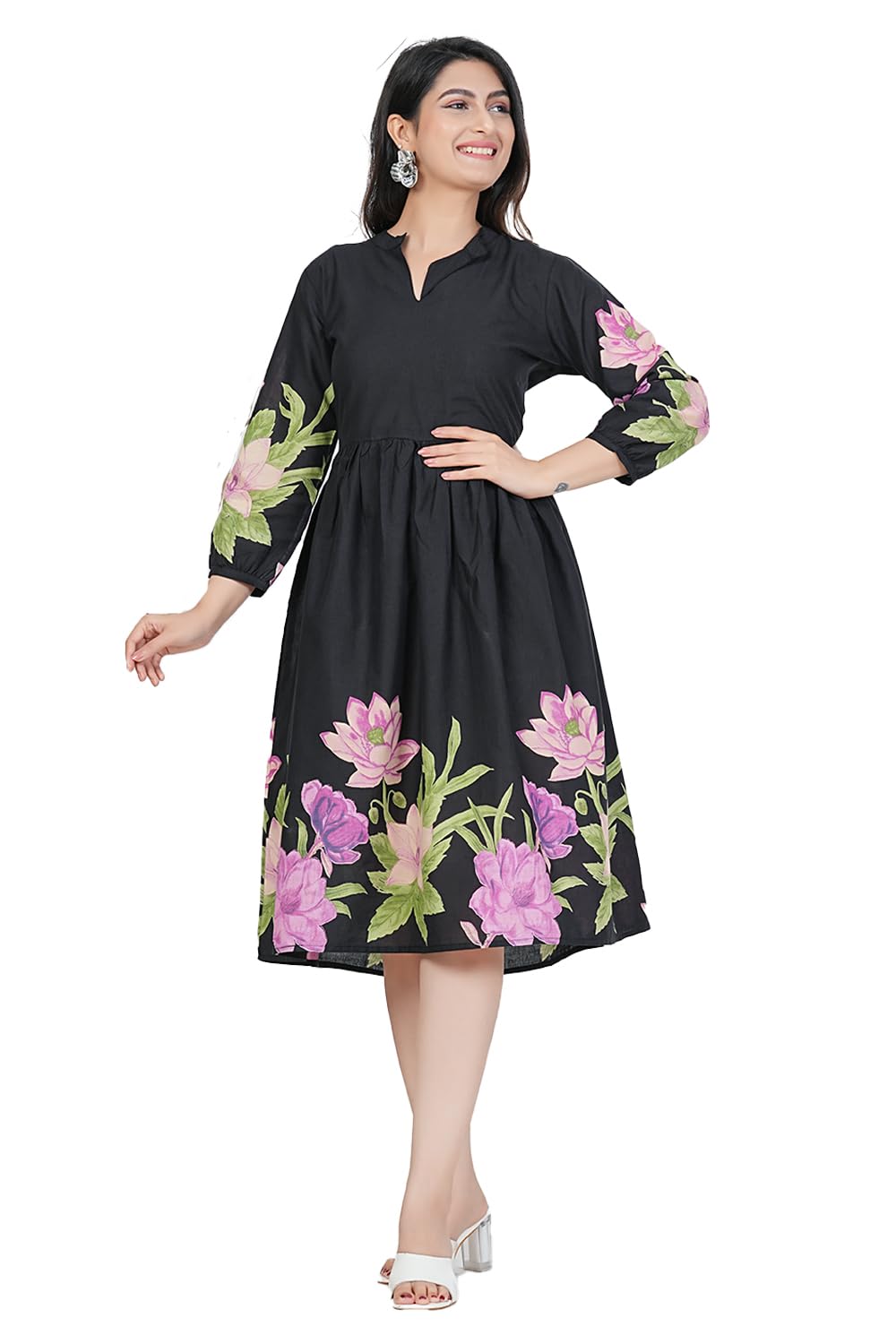 Monique Women's Anarkali Cotton Kurta, Floral Print, Round Neck, Elbow Sleeves, 44 Inch Length (29)