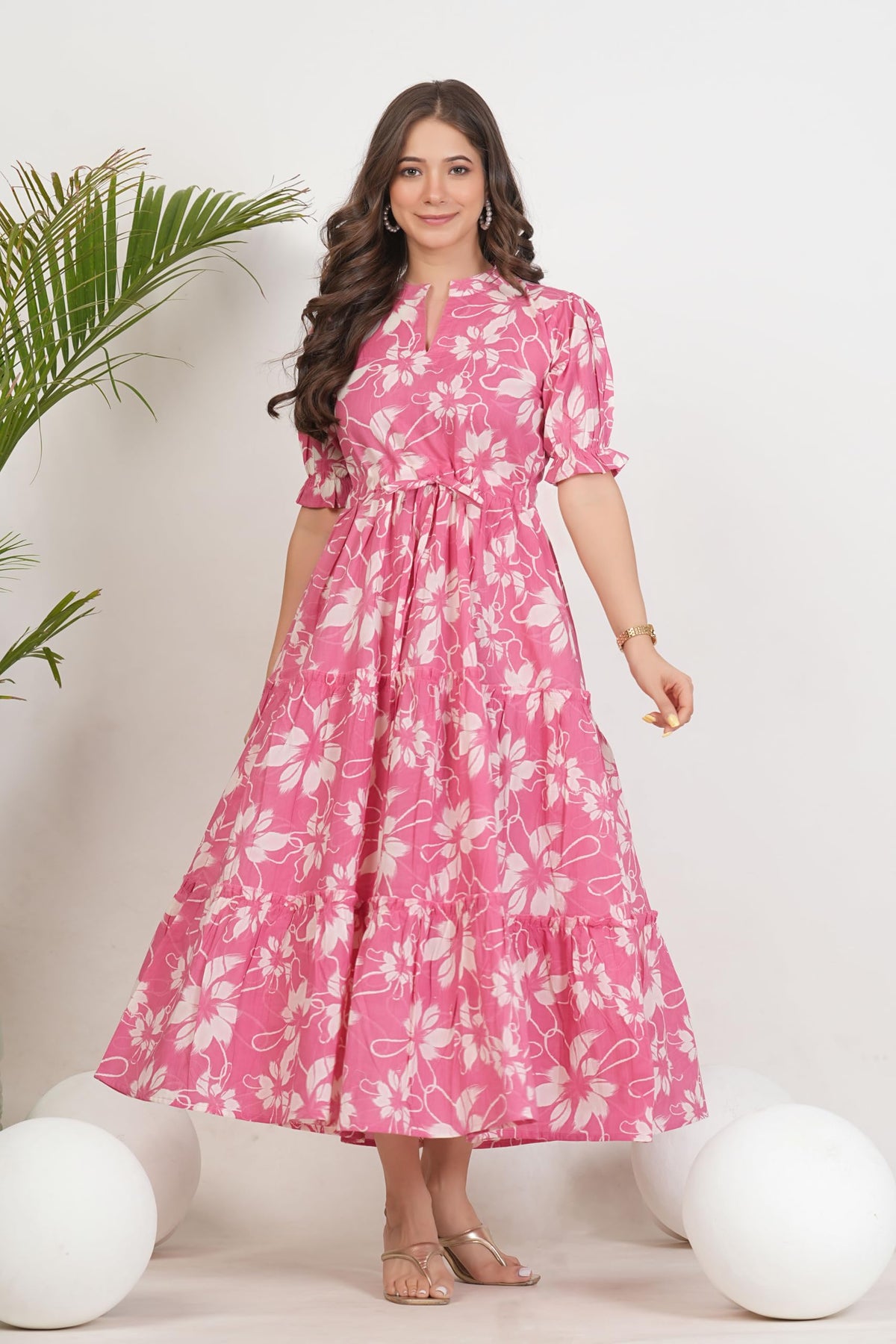 Monique Women's Anarkali Cotton Kurta, Floral Print, Round Neck, Elbow Sleeves, 44 Inch Length - back view