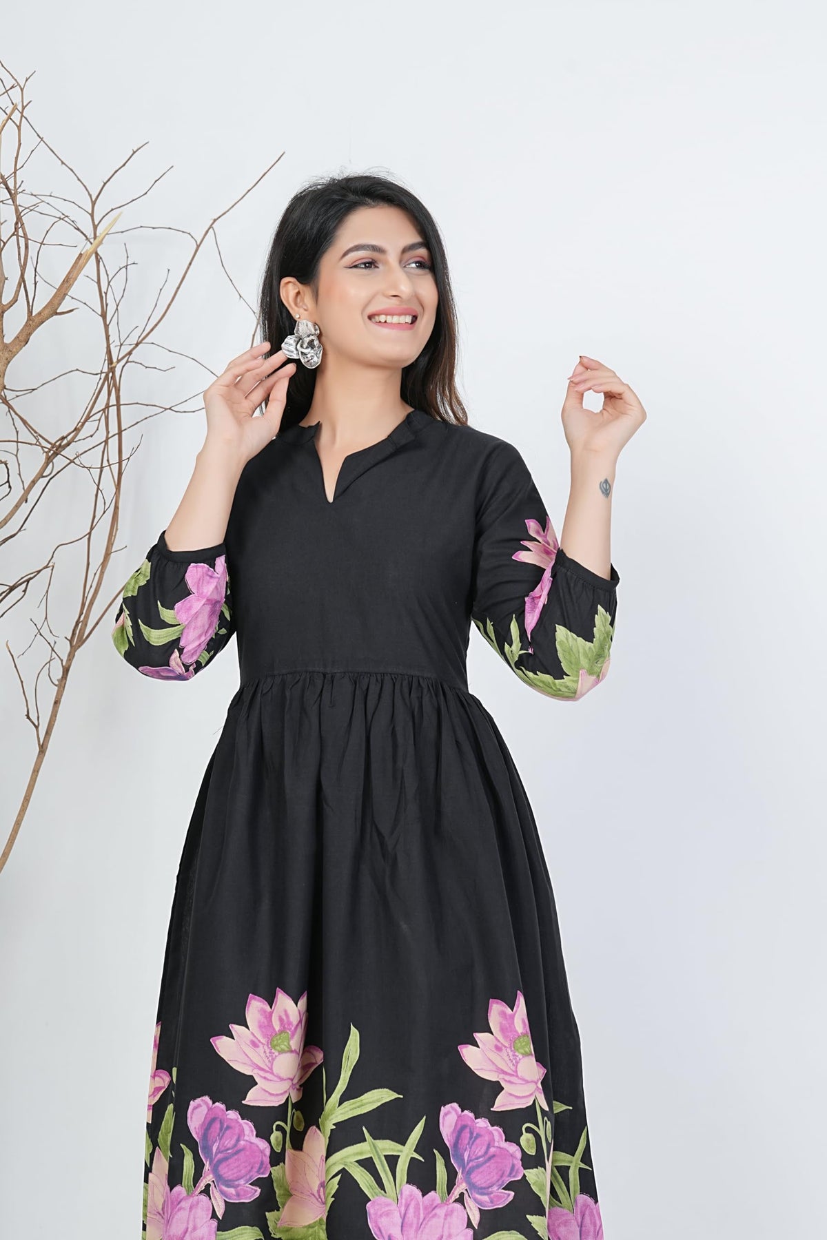Monique Women's Anarkali Cotton Kurta, Floral Print, Round Neck, Elbow Sleeves, 44 Inch Length - front view (30)