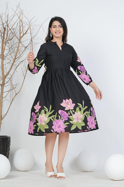 Monique Women's Anarkali Cotton Kurta, Floral Print, Round Neck, Elbow Sleeves, 44 Inch Length - back view (31)