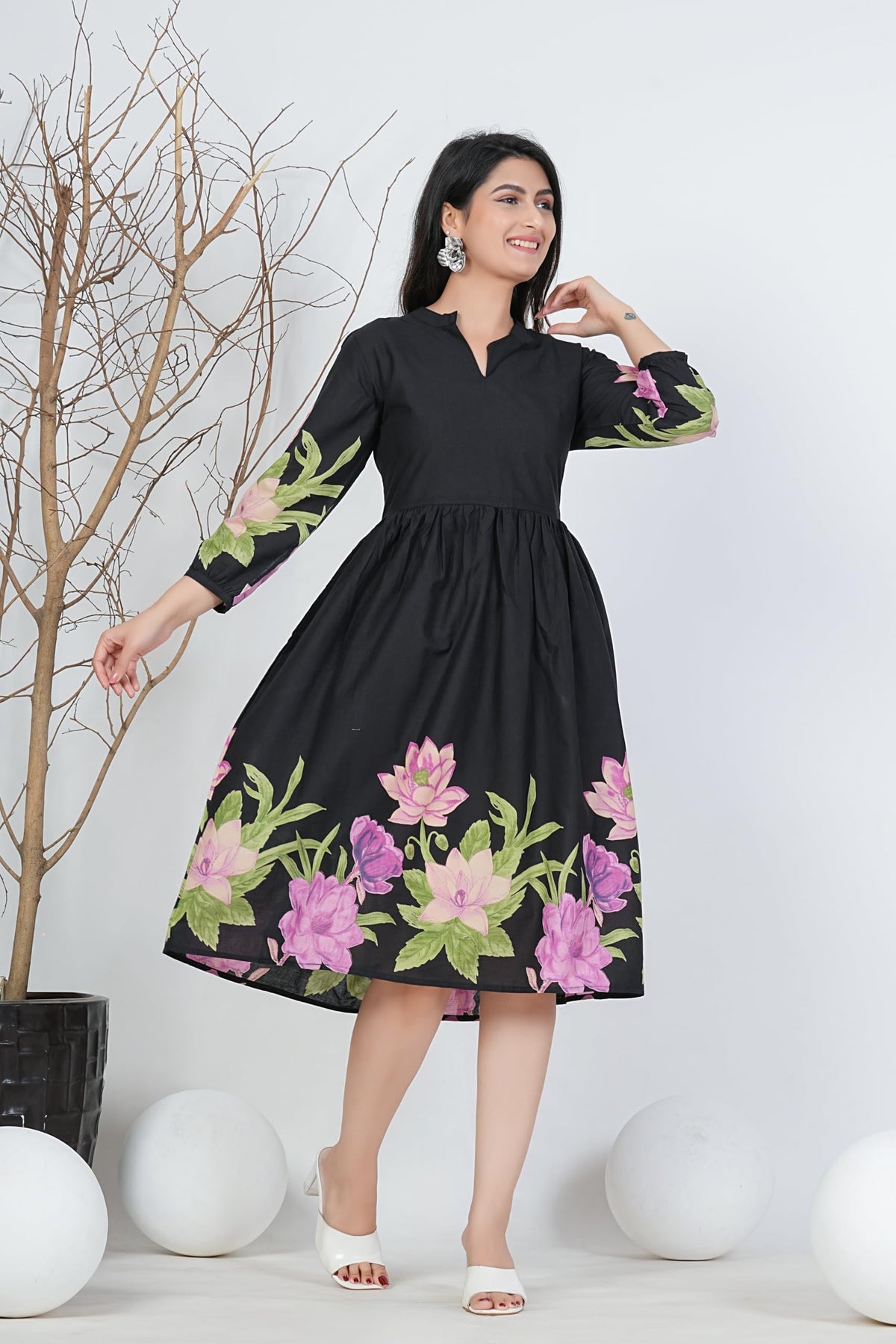 Monique Women's Anarkali Cotton Kurta, Floral Print, Round Neck, Elbow Sleeves, 44 Inch Length - label detail (33)