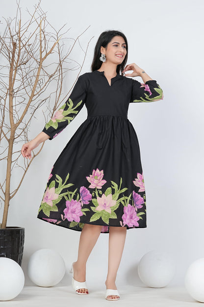 Monique Women's Anarkali Cotton Kurta, Floral Print, Round Neck, Elbow Sleeves, 44 Inch Length - label detail (33)