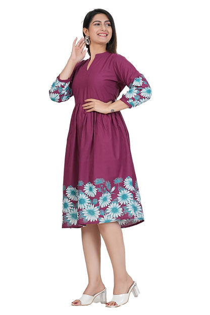 Monique Women's Anarkali Cotton Kurta, Floral Print, Round Neck, Elbow Sleeves, 44 Inch Length (34)