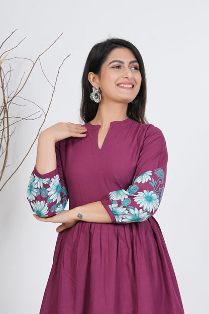 Monique Women's Anarkali Cotton Kurta, Floral Print, Round Neck, Elbow Sleeves, 44 Inch Length - front view (35)