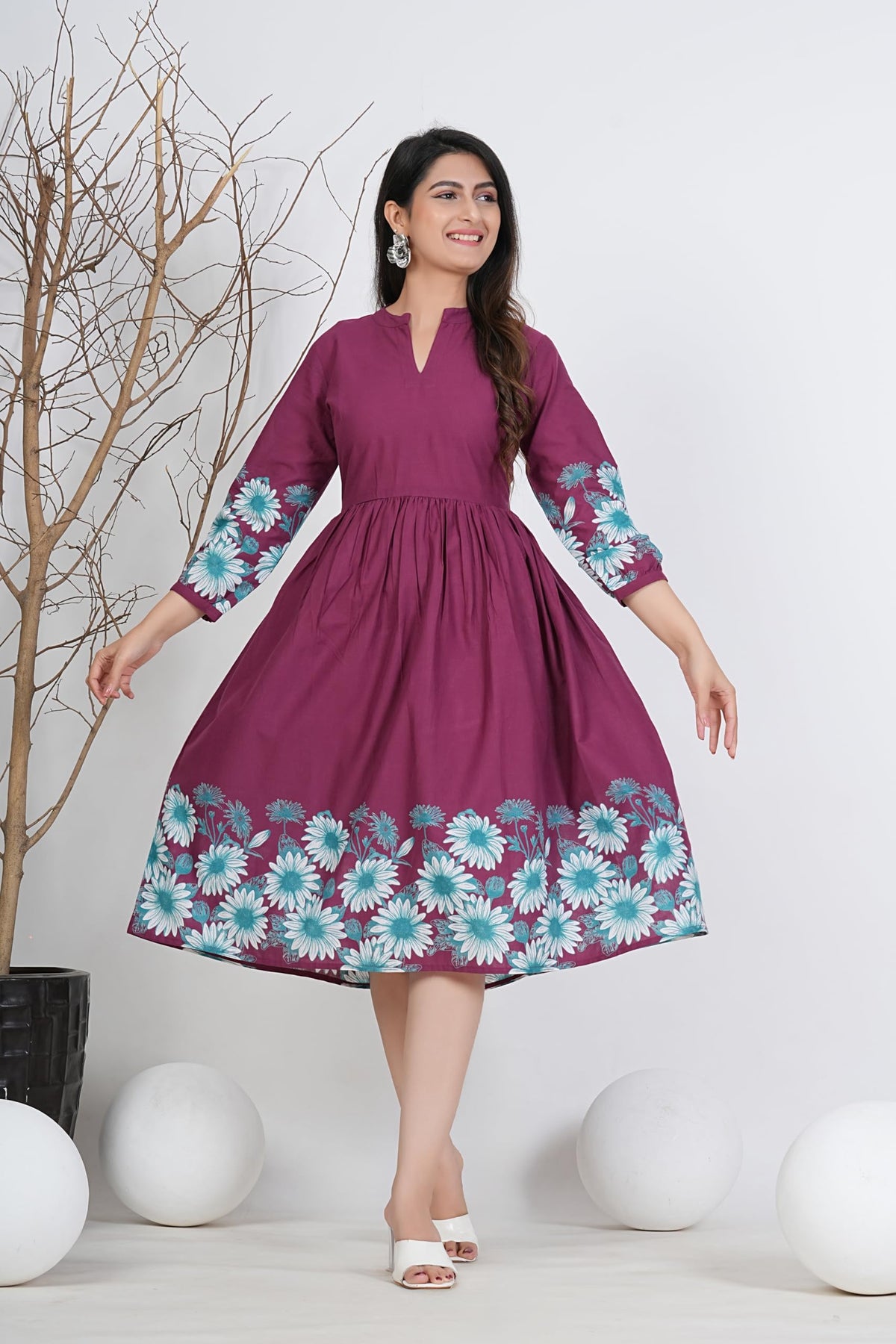 Monique Women's Anarkali Cotton Kurta, Floral Print, Round Neck, Elbow Sleeves, 44 Inch Length - back view (36)